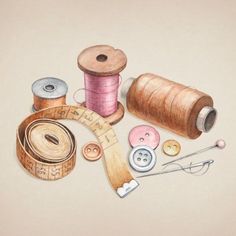 an illustration of sewing supplies including thread, spools and scissors