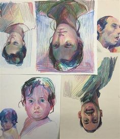 four different colored pencil drawings of people's faces and heads, each with their own child's head