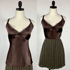 Vintage 1990's 2000's Y2k Shiny Brown Satin Camisole Cami Tank Top Mean Girls Clubwear Vintage New With Tags Condition Dark Brown Shiny Satin Polyester Sweetheart Neckline With Nylon Mesh Detailing Spaghetti Straps- Not Adjustable Machine Washable Size Xl 16/18 Measurements In Inches: Bust: 43" Waist: 40" Hem: 45" Length: 24" Contact Me With Any Questions As All Sales Are Final. Check Out My Other Unique Listings. Thanks! Bo2177 Y2k Fitted Camisole With Spaghetti Straps, Y2k Fitted Camisole With Built-in Bra, Fitted Y2k Camisole With Built-in Bra, Y2k Style Camisole With Spaghetti Straps, 90s Style Fitted Camisole Tops, 90s Fitted Camisole Tops, 90s Style Fitted Cami Tank Top, Fitted 90s Style Cami Tank Top, 90s Fitted Cami Tank Top