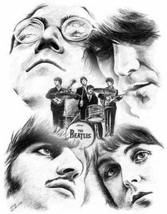 the beatles poster with their faces drawn in pencil and some other images are shown above it