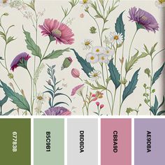 the color palette is green, pink, and white with flowers on it in different shades