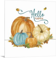 a watercolor painting of pumpkins and acorns with the words hello pumpkin