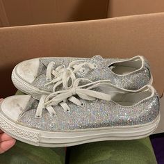 Glitter Rainbow Converse. Size 6 In Women’s. Good Condition. Never Worn But The Toes Are Dirty. Casual Silver Sparkling Sneakers, Casual Shimmer Sneakers With Round Toe, Casual Sneakers With Glitter Accents For Party, Party Sneakers With Glitter Accents, Casual Party Sneakers With Glitter Accents, Casual Sequin Sneakers With Round Toe, Casual Party Sneakers With Glitter Print, Casual Glitter Converse Sneakers, Rainbow Converse