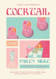 a poster for a cocktail party with pink and blue colors