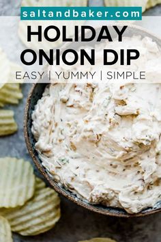 homemade holiday onion dip in a bowl with crackers on the side and text overlay