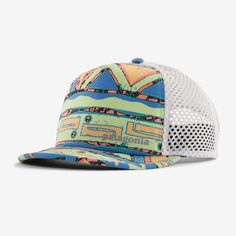 a colorful trucker hat with white mesh on the front