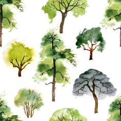 watercolor trees on white paper with green leaves