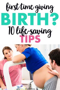 pregnant woman having her back examined by a doctor with text overlay that reads first time giving birth? 10 life - saving tips