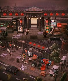 an aerial view of a chinese restaurant at night with red lanterns on the roof and people walking around