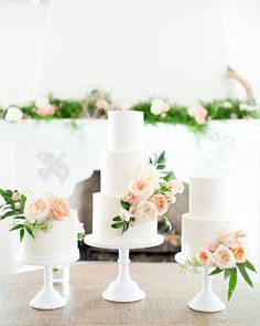 three tiered white wedding cake with flowers on each side and greenery in the background