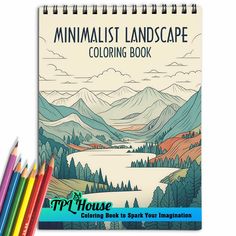 a coloring book with colored pencils next to it and the title, minimalist landscape coloring book