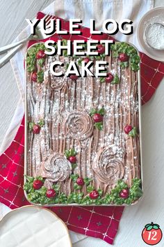 the cover of yule log sheet cake