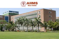 an office building with palm trees in front of it and the words aims new delhi