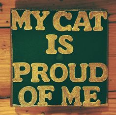 a black and gold sign that says my cat is proud of me on wooden planks