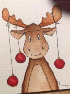 a drawing of a moose with ornaments hanging from it's antlers and nose