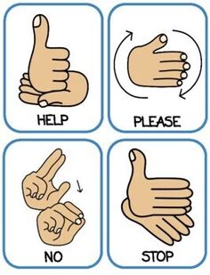 four different hand gestures with the words help, please and stop