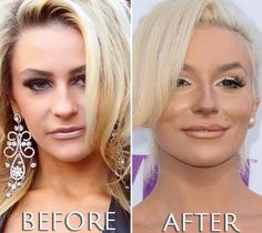 before and after photos of a woman's face with blonde hair, wearing diamond earrings