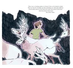 a drawing of a boy riding on the back of a white deer