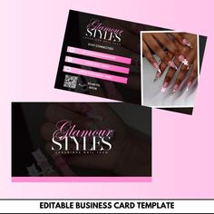 two business cards with pink and black nail designs