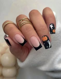 #Boo_Season23 Black Matte French Tip Nails With Design, Nails Halloween October 2023, Subtle Halloween Nails Square, Halloween Square Nail Designs, Medium Square Halloween Nails, Halloween Nails Acrylic Coffin Short, Halloween Short Square Nails, Halloween Medium Nails, Matte Black Halloween Nails Short