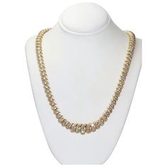 Stunning 14K yellow gold necklace, showcasing 4.0 CT of glistening SI quality diamonds I-J color. This necklace is tapered and gradually increases in size throughout the middle. This necklace is measured at 16.5 inches long and has a total weight of 41.6 grams. This necklace is hallmarked 14K yellow gold and has been checked by a professional for authenticity. Anniversary Gold Tennis Necklace With 17 Jewels, Gold Tennis Necklace With 17 Jewels For Anniversary, Gold Diamond Tennis Necklace For Anniversary, Gold Tennis Necklace With Diamond Accents For Anniversary, Gold Tennis Necklace With Single Cut Diamonds For Anniversary, Formal Gold Tennis Necklace With Single Cut Diamonds, Gold Diamond-cut Necklace For Formal Occasions, Gold Diamond Cut Necklace For Formal Occasions, Formal Gold Diamond Cut Necklace