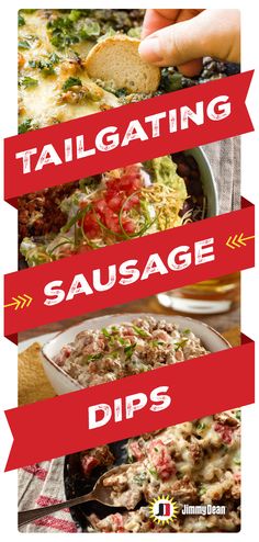 three different types of food with the words tailgating sausage dips on top and bottom