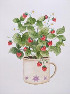 a painting of strawberries in a coffee cup with leaves and flowers on the rim