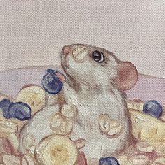 a painting of a mouse surrounded by bananas and blueberries