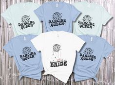 four t - shirts with the words dancing queen on them in black, white and blue