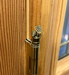 a door handle on a wooden door