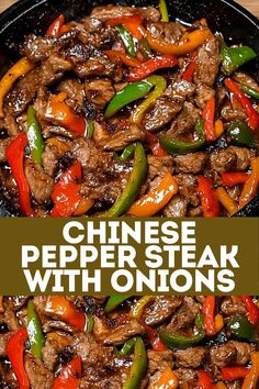 chinese pepper steak with onions and peppers in a skillet on a wooden table top