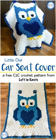 an owl crocheted blanket with the words, little owl car seat cover