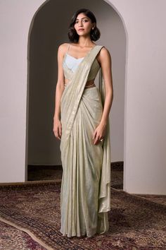 Mint pre-draped saree in flat chiffon lurex base. Comes with a flat silk padded blouse with pearls hand embellishments. - Aza Fashions Elegant Silk Pre-draped Saree For Festive Occasions, Pre-draped Georgette Saree With Zari Work, Elegant Georgette Pre-draped Saree With Zari Work, Elegant Fitted Pre-draped Saree With Mirror Work, Festive Silk Chiffon Pre-draped Saree, Elegant Cotton Silk Pre-draped Saree With Dupatta, Silk Chiffon Pre-draped Saree With Sheer Dupatta, Festive Pre-draped Georgette Saree, Cotton Silk Pre-draped Saree With Mirror Work For Reception