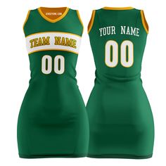 Shop custom green and yellow basketball jersey dress for women and girls at Jersey One. The jersey dresses are made from durable, quick-dry, and breathable polyester fabric, they are perfect for daily, parties or outfitting your team. Embroidered Tracking Twill The team name, player name, and player number are embroidered, making the jersey durable, breathable, and stylish. Design Your Own You can also customize the design of our basketball jersey dress template. For example, you can change the Sporty V-neck Sports Dress, Sporty Sleeveless Mini Dress For Sports, Sporty Sleeveless Mini Dress, Sporty V-neck Tennis Dress, Sporty Green Sleeveless Tennis Dress, Green Sleeveless Tennis Dress For Sports, Fitted Sleeveless Cheerleading Dress, Sleeveless Green Tennis Dress For Sports, Green Sleeveless Tennis Dress