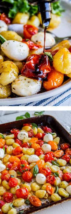 two pictures of different types of food being cooked on the same pan as they are being drizzled with sauce