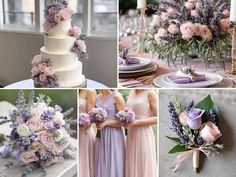 wedding flowers and bridesmaid bouquets are arranged in four different pictures, including one for the centerpiece