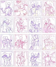 some sketches of people hugging each other in different poses and colors, with one person holding the