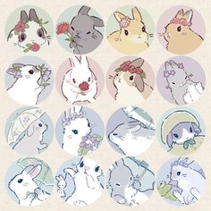 an image of rabbits with flowers on their heads and bunnies in their ears, all wearing flower crowns