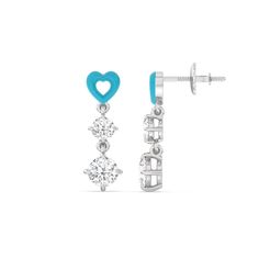 This pair of earrings has the perfect mix of brilliance and color. Each earring features a ceramic heart-shaped post. Dropping from each heart post is a pair of big and small round diamonds. Blue Wedding Band, Something Blue Wedding, Diamond Anniversary Rings, Heart Drop Earrings, Mens Band, Big And Small, Fine Jewelry Gift, Something Blue, Blue Wedding