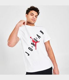 Blended cotton material Loose relaxed fit Short sleeves Exclusive Jumpman branding Machine washable Jordan Tshirt, Jordan Swag, Nike Jordans, Jordan Air, Tshirt Men, Jordans For Men, Workout Shorts, Nike Men, Cotton Material