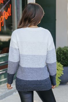 Experience ultimate comfort and style in our Charcoal Striped Wool Sweater! With its long sleeves and ribbed cuffs, this sweater offers a relaxed fit for all-day wear. The color block design and striped pattern add a touch of modern elegance. Made with a blend of polyester, nylon, wool, and spandex, this sweater is soft, durable, and perfect for any occasion! Style with jeans, flats, and matching accessory pieces for an elevated chic outfit! Sorority Rush Outfits, Rush Outfits, Gameday Dress, Loungewear Dresses, Casual White Dress, Color Block Design, Game Dresses, Chic Outfit, Matching Accessories