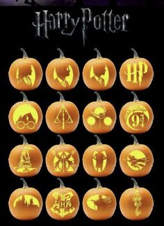 pumpkins with harry potter logos on them in front of a black background and the words harry