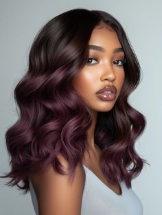 The Chocolate Mauve ombre is a bold and trendy choice for those who want to make a statement. This color formula style features a gradual transition from dark chocolate roots to soft mauve ends, creating a striking contrast that’s sure to turn heads. The ombre effect works best on long hair, allowing the colors to blend seamlessly from top to bottom. This style is perfect for anyone looking to add some drama to their look, and it works well with all face shapes, especially oval and heart-shaped. Hair Color Ends Only, Dark Rose Gold Hair Brown, Chocolate Lavender Hair, Mauve Hair Color, Chocolate Mauve Hair, Brown Hair Inspiration, Curly Lob, Balayage Bob, Chocolate Brown Hair