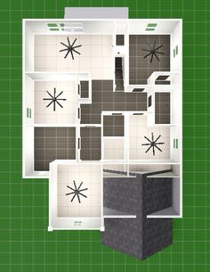 an overhead view of a floor plan with four different rooms and three black stars on the ceiling