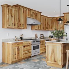 a kitchen with wooden cabinets and an island