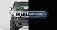 the front and side view of a black hummer truck with its headlights turned on