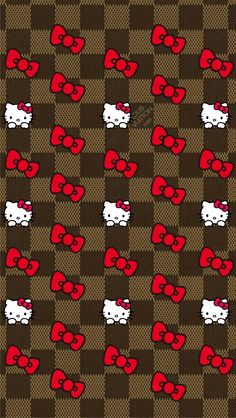 hello kitty wallpaper with red hearts on brown checkerboard fabric by the yard