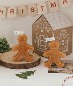 two gingerbread cookies sitting on top of a table