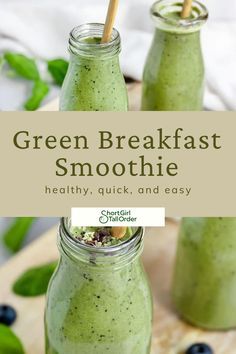 two mason jars filled with green breakfast smoothie