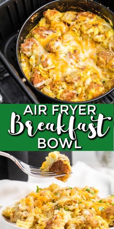 an air fryer breakfast bowl with hash browns in it and the title overlay reads, air fryer breakfast bowl